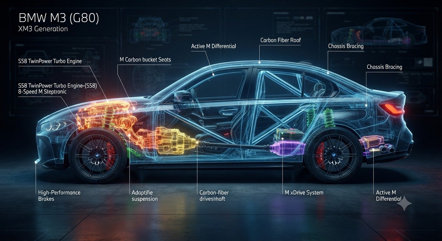 BMW M3 (G80) X-ray structural diagram showing engine, drivetrain and chassis